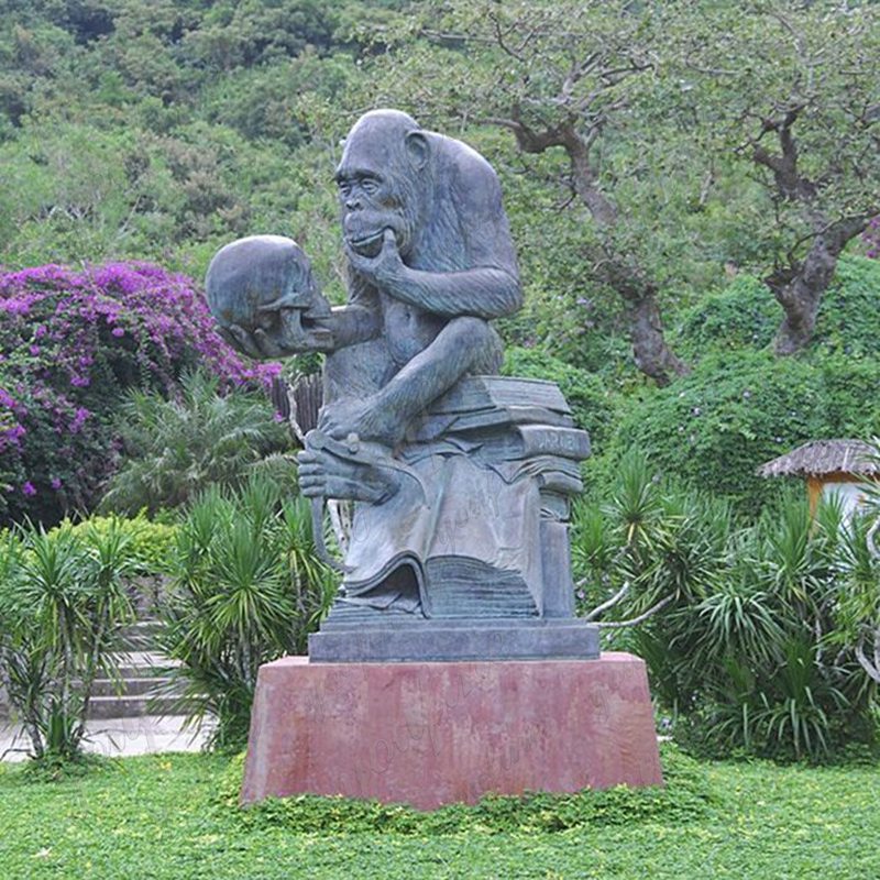 Bronze Monkey Holding Book and Skull Statue (1)