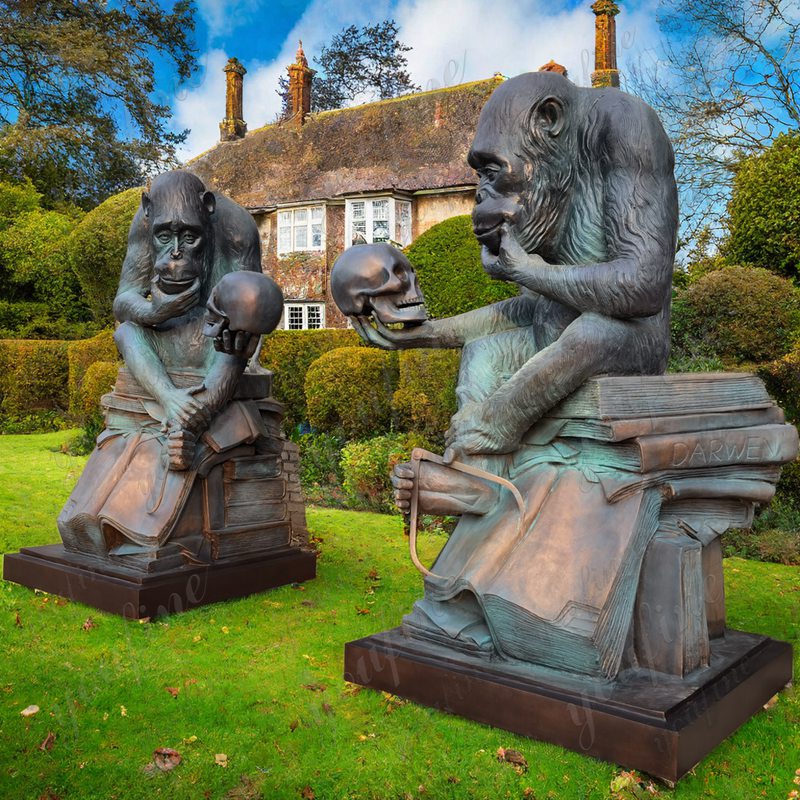 Bronze Monkey Holding Book and Skull Statue (3)