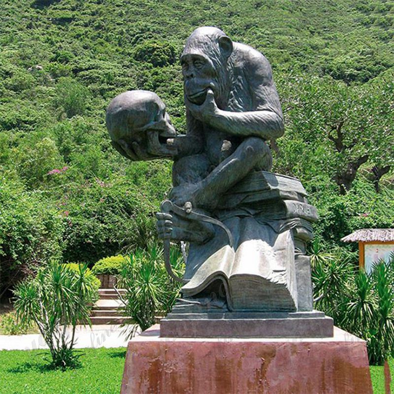 Bronze Monkey Holding Book and Skull Statue (5)