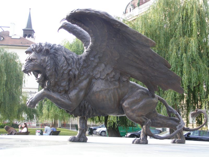 public bronze winged lion statue 