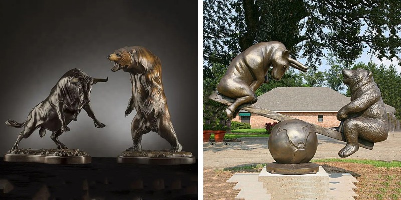 Different designs of bronze bear and bull sculptures