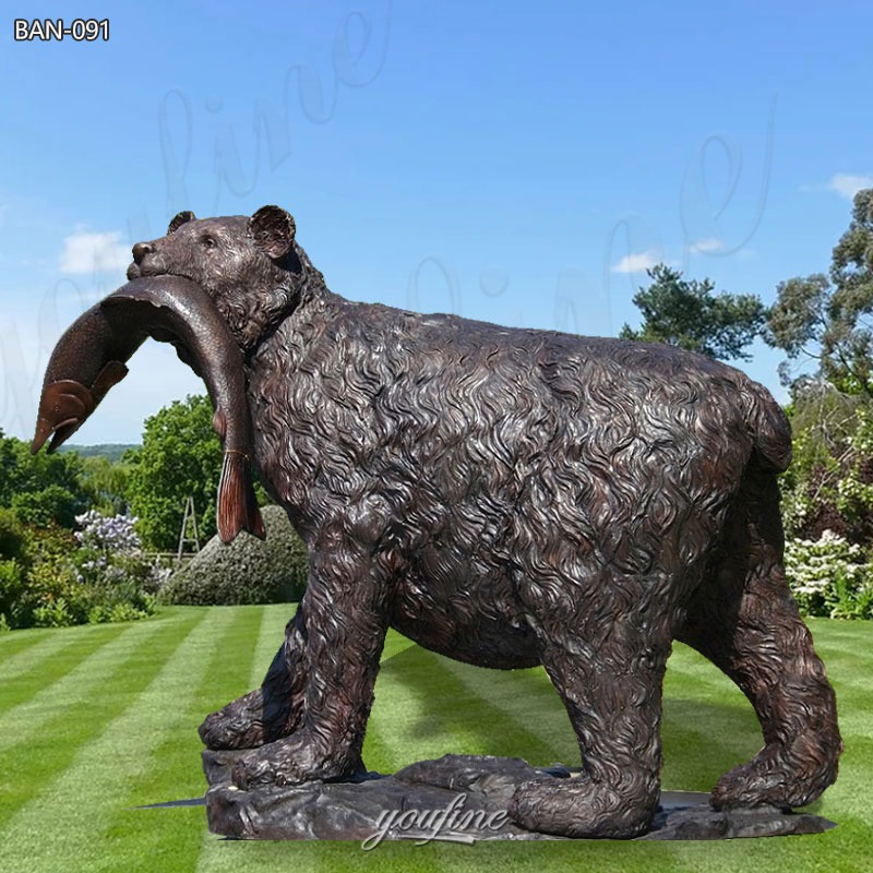 Bronze Garden Bear With Fish Statue