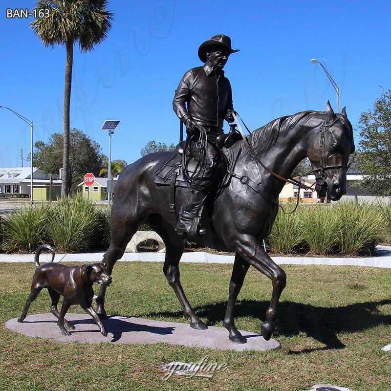 Bronze Cowboy on Horse Statue with Dog