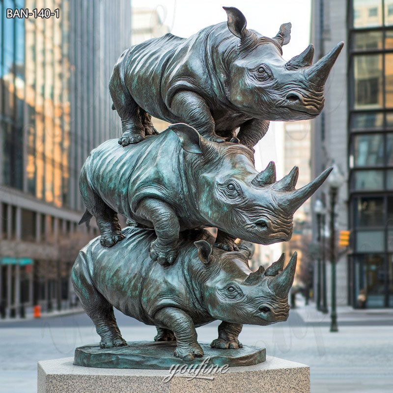 Bronze Stacked Three Rhinos Statue