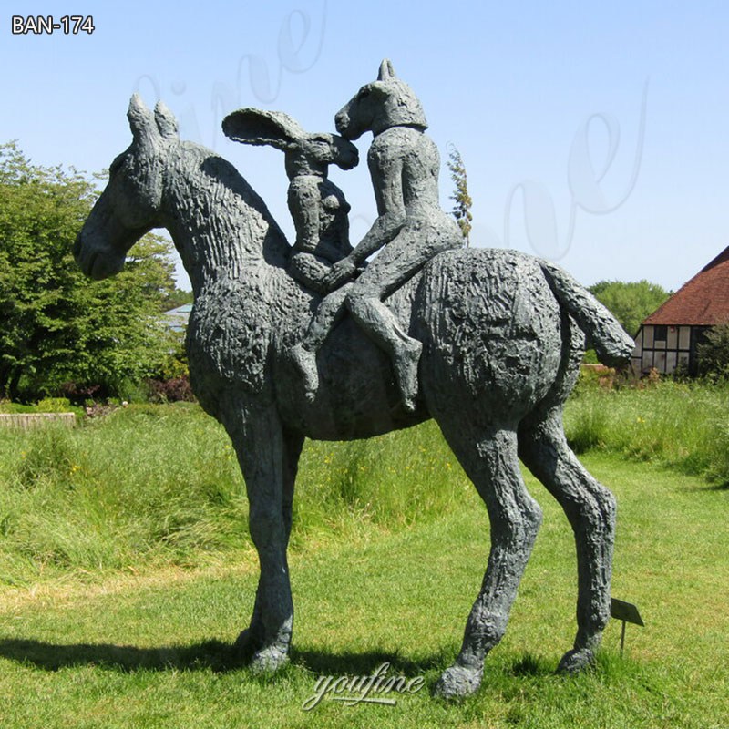 Bronze Donkey Lawn Statue Ornament with Rabbits