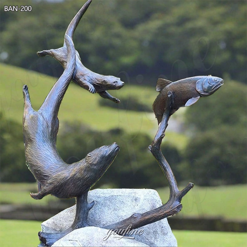 Bronze Otter Garden Statue with Fish