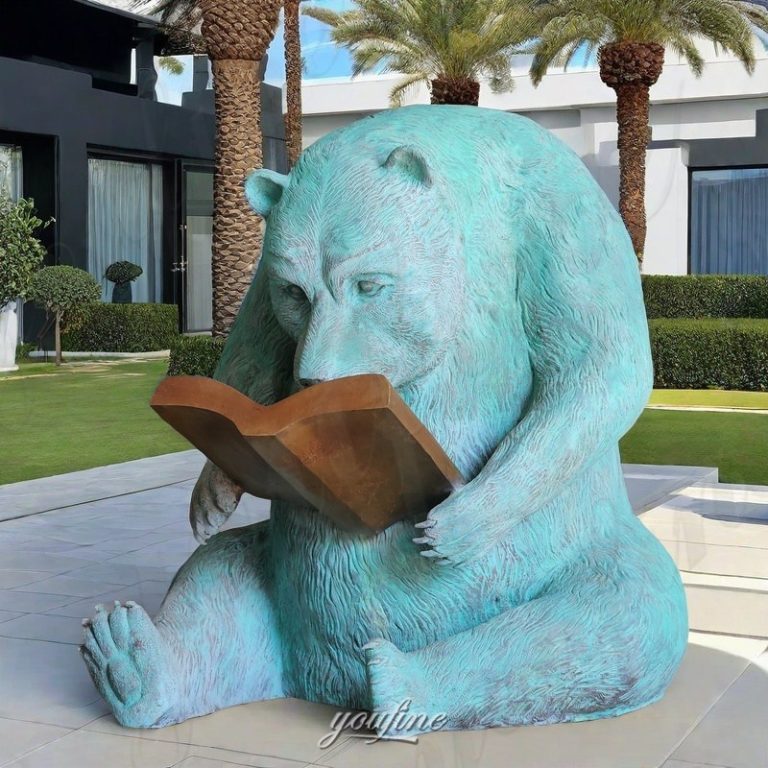 patina reading bear statue