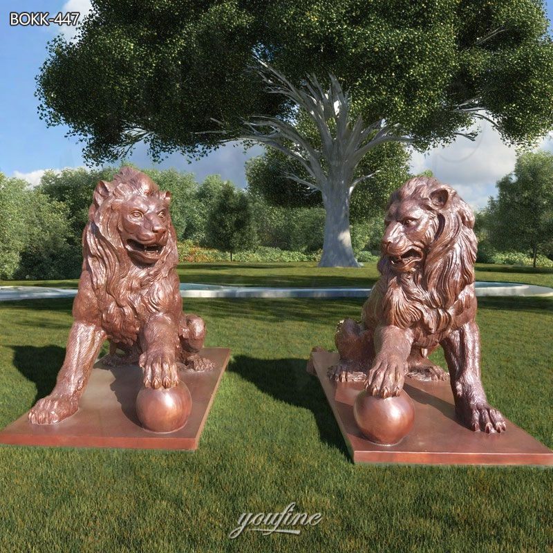 Bronze of Lion Statue with Paw on Ball