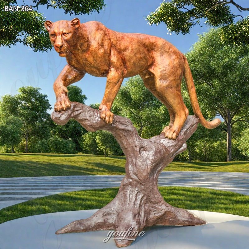 Bronze Panther Garden Statue Standing on Tree Trunk